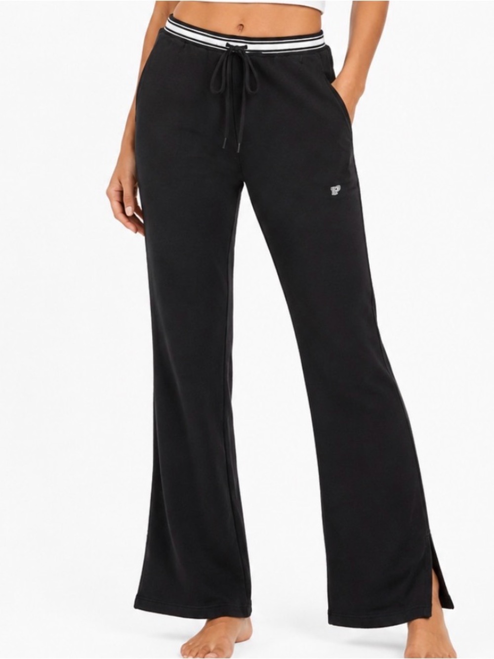 VS PINK Black Flare Yoga Lounge Pants Drawstring Waist Hem Slits Sweatpants SZ L